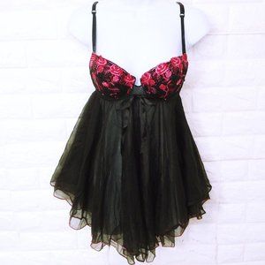 Vintage 60s Nylon Chiffon Lingerie Negligee 6(34B) Push-up Bra Rose Embroidered